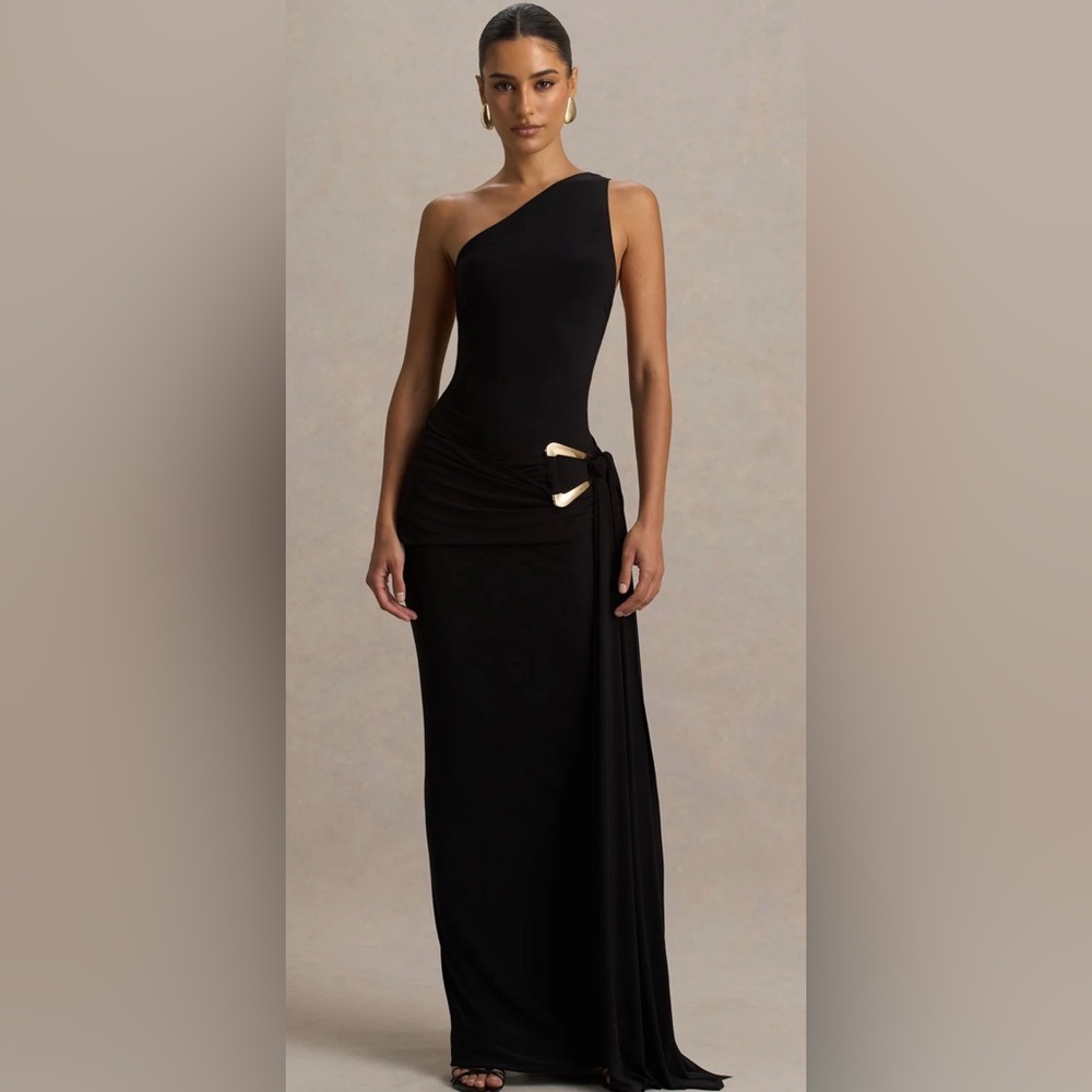 Club L London Bonnie Black Asymmetric-Neck Maxi Dress With Open-Back